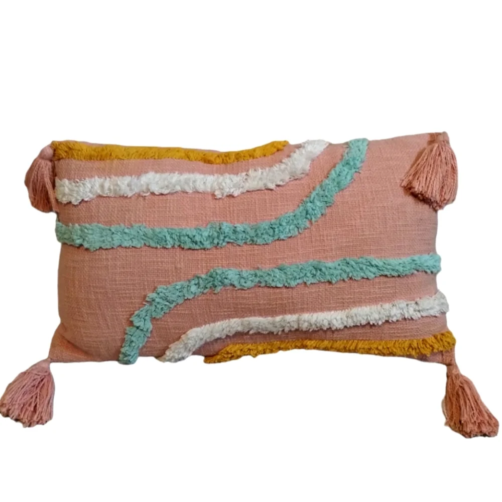 Boho Pillow Pink Cotton White Lumbar Tassel